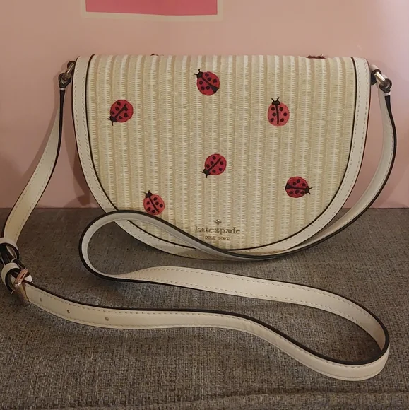 Kate Spade Luna Embroidered Ladybug Straw Crescent Crossbody Bag - Picture 9 of 10